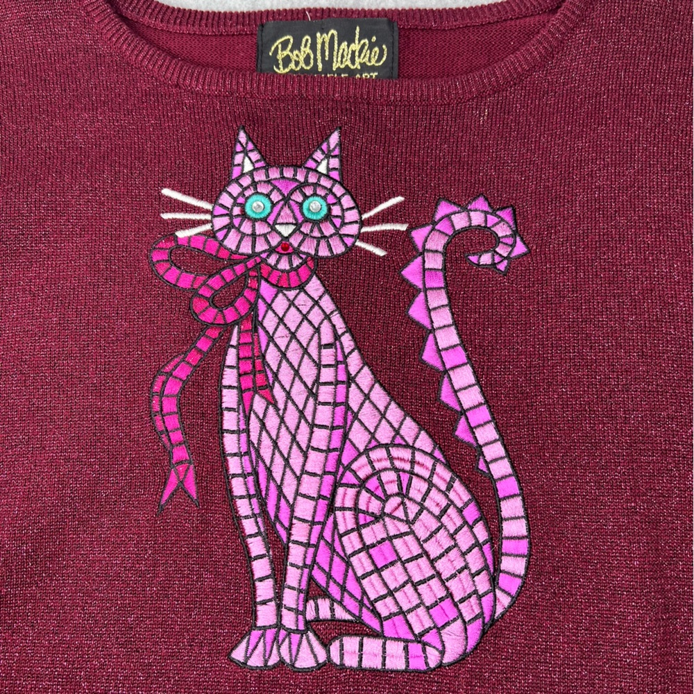 Bob Mackie Pullover Sweater Wearable Art Embroidered Mosaic Cat Maroon Red Large